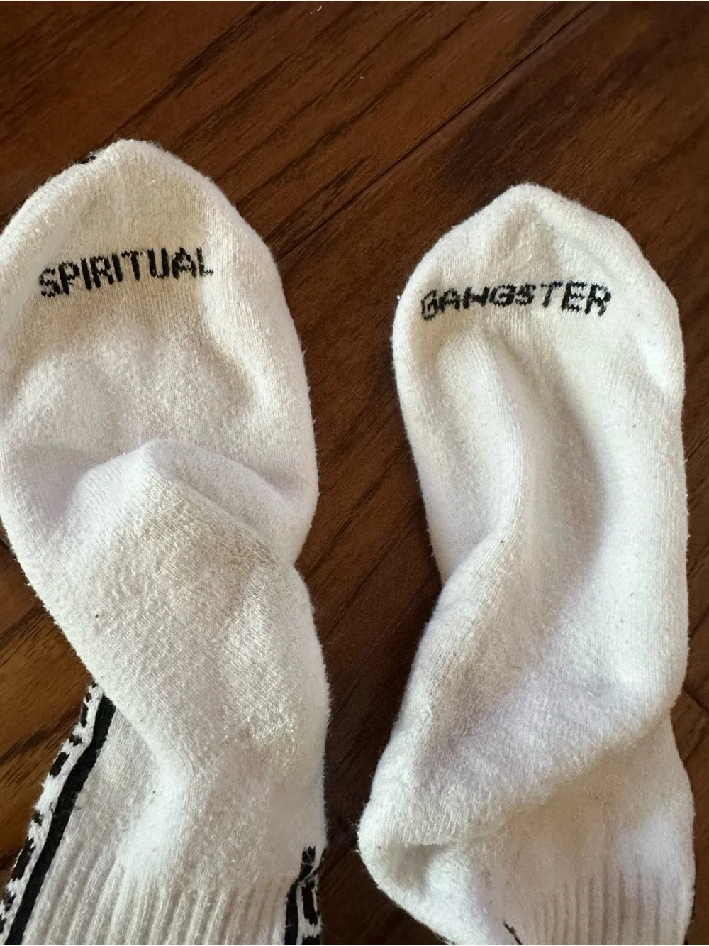 White Crew Socks with Black Stripe and Text